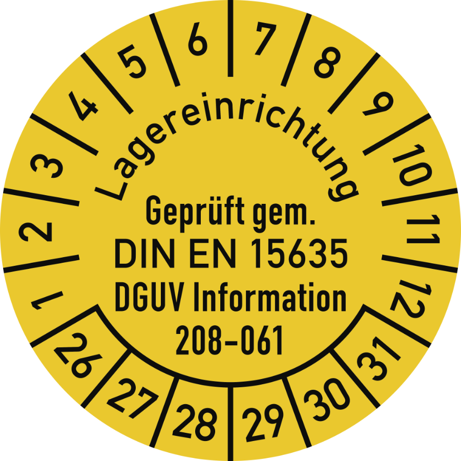 Prüfplakette Lagereinrichtung DIN EN 15635 DGUV Information 208-061 2026–2031, Folie, Ø 30 mm