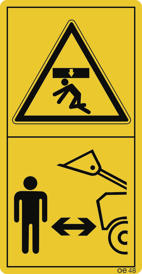 Nicht im Arbeitsbereich der Frontladerschwinge aufhalten (Hochformat), Warnzeichen, ISO 11684, 88x168 mm, Folie, 2 Stück/Bogen