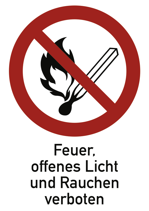 Feuer, offenes Licht und Rauchen verboten, Verbotszeichen, ISO 7010, 131x185 mm, Folie