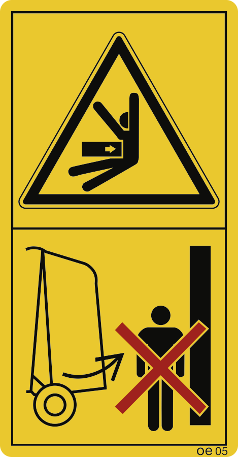 Während des Betriebes nicht im Schwenkbereich der Heckklappe aufhalten. (Hochformat), Warnzeichen, ISO 11684, 88x168 mm, Folie, 2 Stück/Bogen