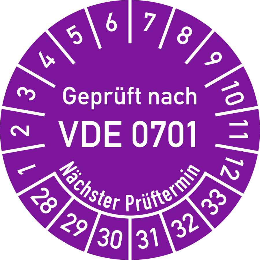 Prüfplakette Geprüft nach VDE 0701 - Nächster Prüftermin 2028–2033, Folie, Ø 30 mm