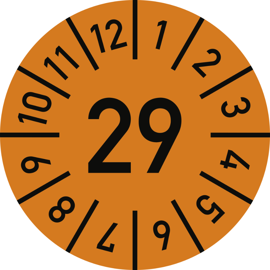Prüfplakette Jahr 29 mit Monaten - orange, Ø 10 mm, Folie