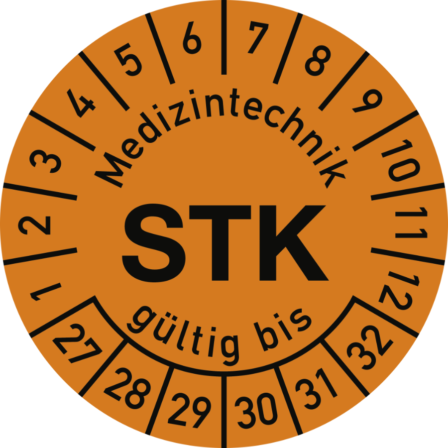 Prüfplakette Medizintechnik STK 2027–2032, Polyesterfolie, Ø 15 mm