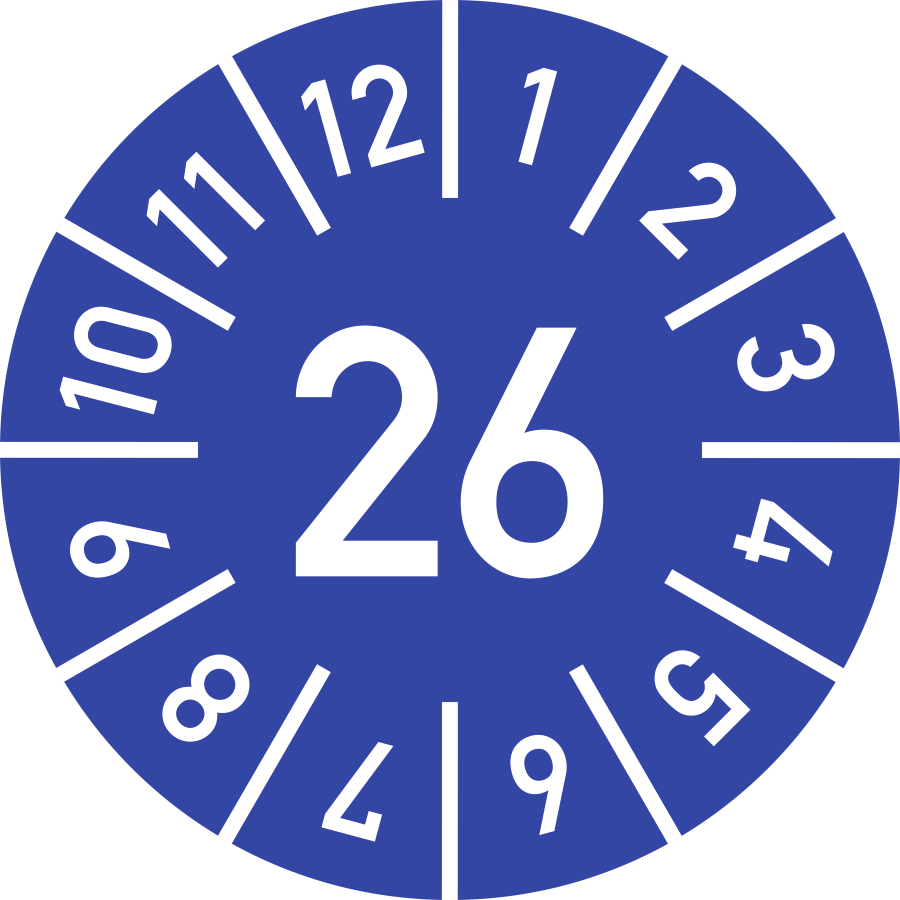 Prüfplakette Jahr 26 mit Monaten - blau, Ø 10 mm, Folie