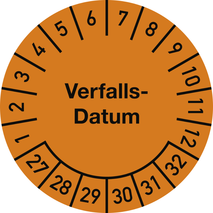Prüfplakette Verfalls-Datum 2027–2032, Dokumentenfolie, Ø 25 mm