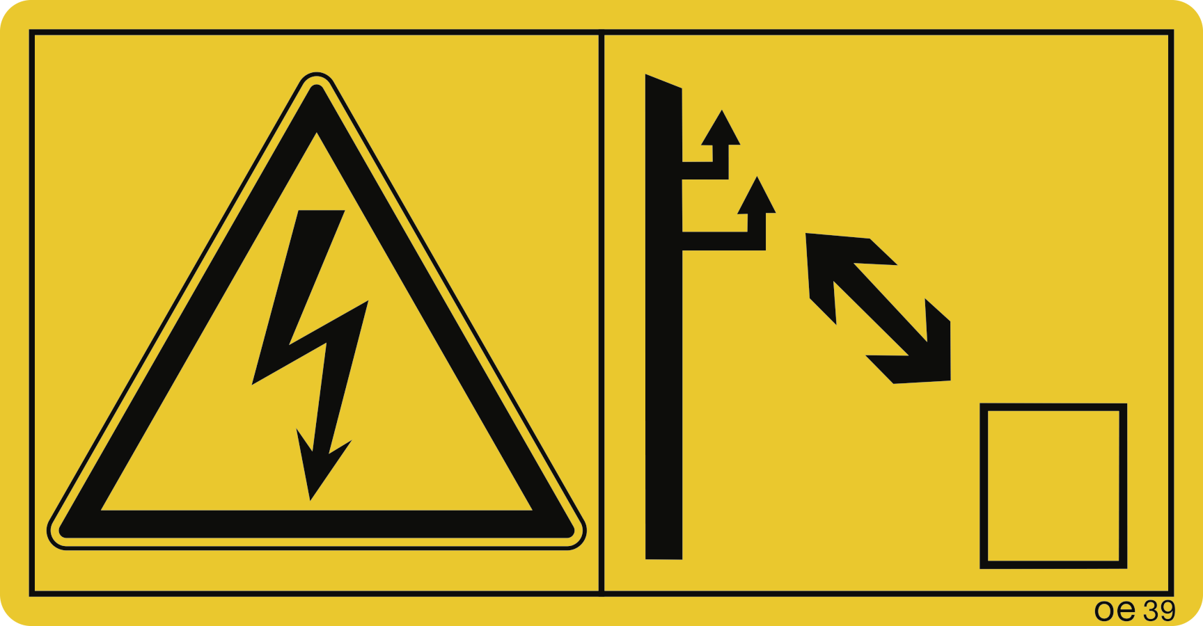 Ausreichenden Abstand zu elektrischen Hochspannungsleitungen halten. (Querformat), Warnzeichen, ISO 11684, 168x88 mm, Folie, 2 Stück/Bogen