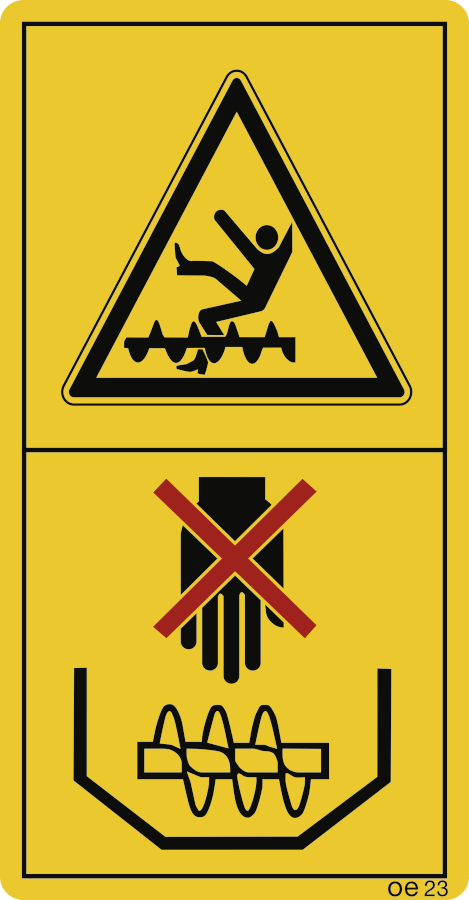 Niemals bei laufendem Motor in den Korntank fassen oder einsteigen. (Hochformat), Warnzeichen, ISO 11684, 88x168 mm, Folie, 2 Stück/Bogen