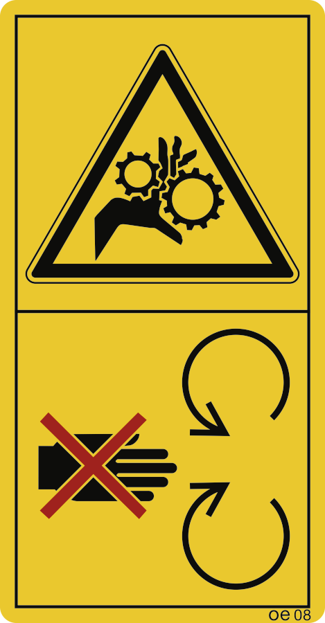 Schutzeinrichtung bei laufendem Motor nicht öffnen oder entfernen. (Hochformat), Warnzeichen, ISO 11684, 88x168 mm, Folie, 2 Stück/Bogen