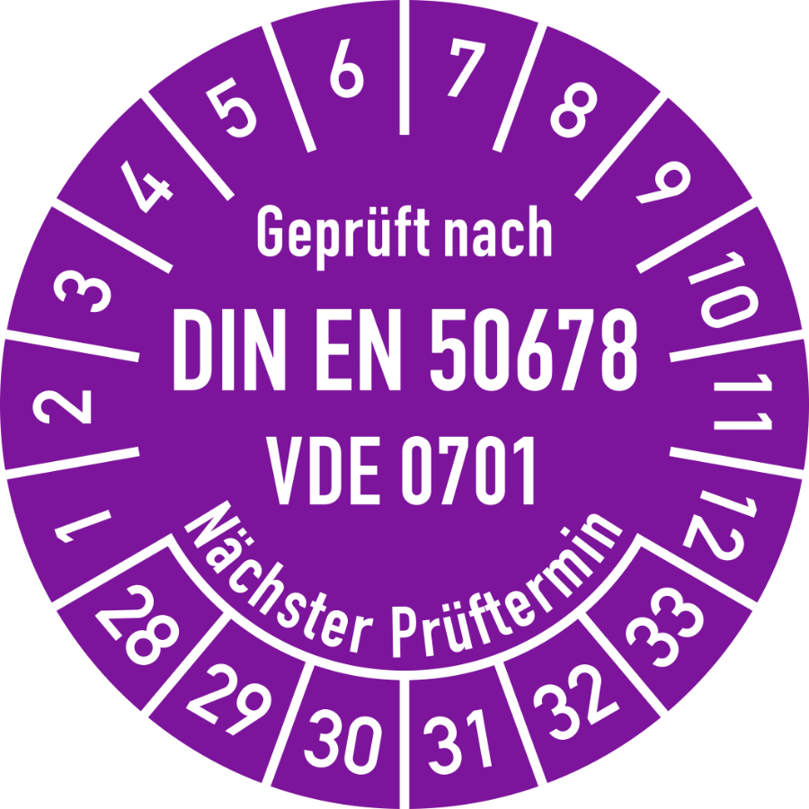 Prüfplakette Geprüft nach DIN EN 50678 VDE 0701 Nächster Prüftermin 2028–2033, Folie, Ø 30 mm