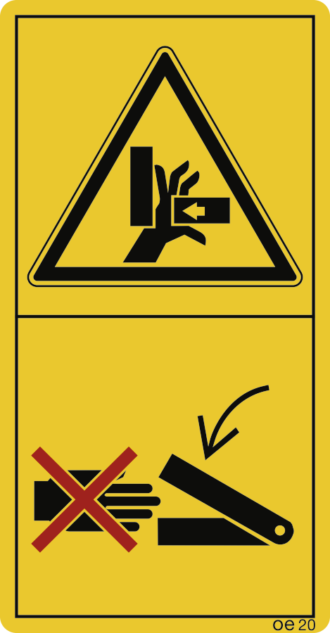 Niemals in den Quetschgefahrenbereich...(Hochformat), Warnzeichen, ISO 11684, 88x168 mm, Folie, 2 Stück/Bogen