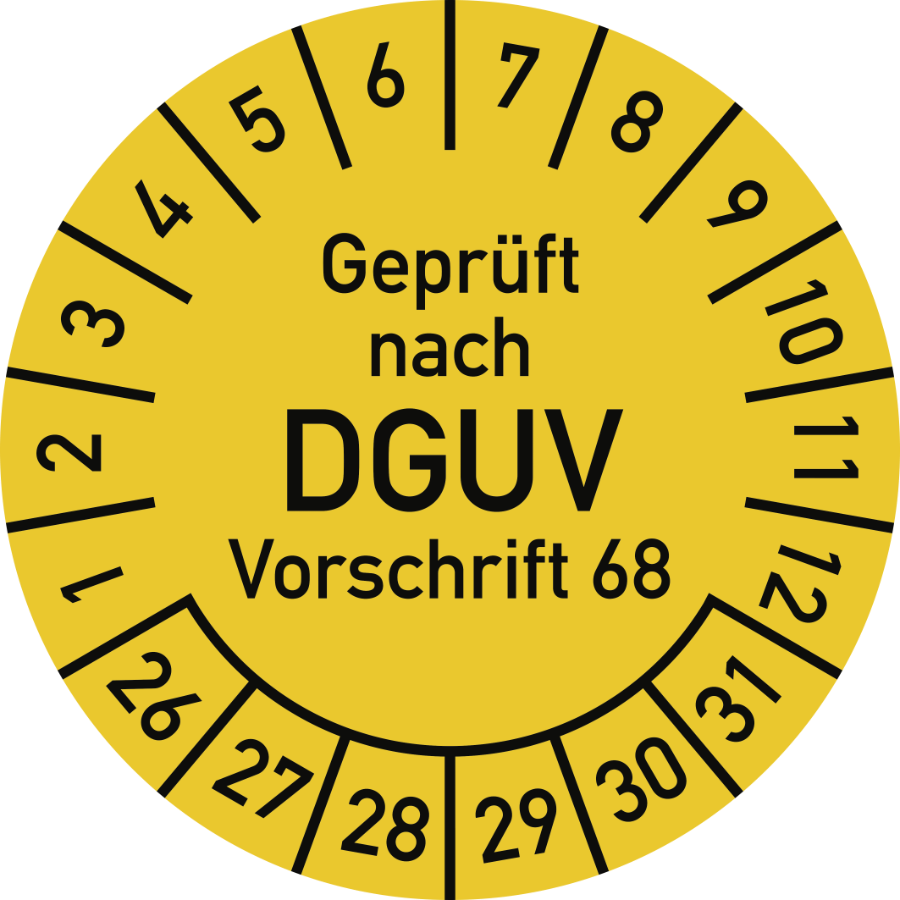 Prüfplakette Geprüft nach DGUV Vorschrift 68, 2026–2031, Polyesterfolie, Ø 40 mm