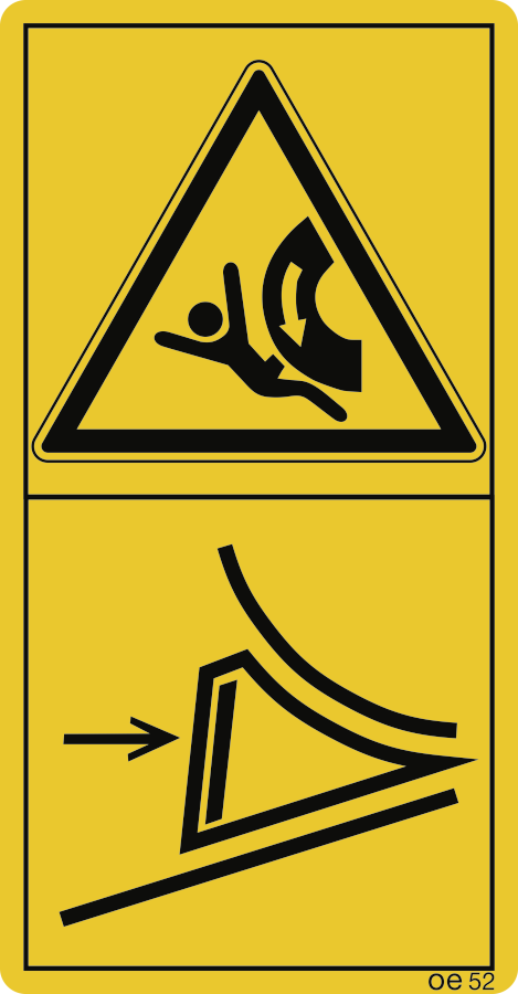 Maschine vor dem Abkoppeln oder Abstellen mit Unterlegkeil ..., (Hochformat), Warnzeichen, ISO 11684, 88x168 mm, Folie, 2 Stück/Bogen