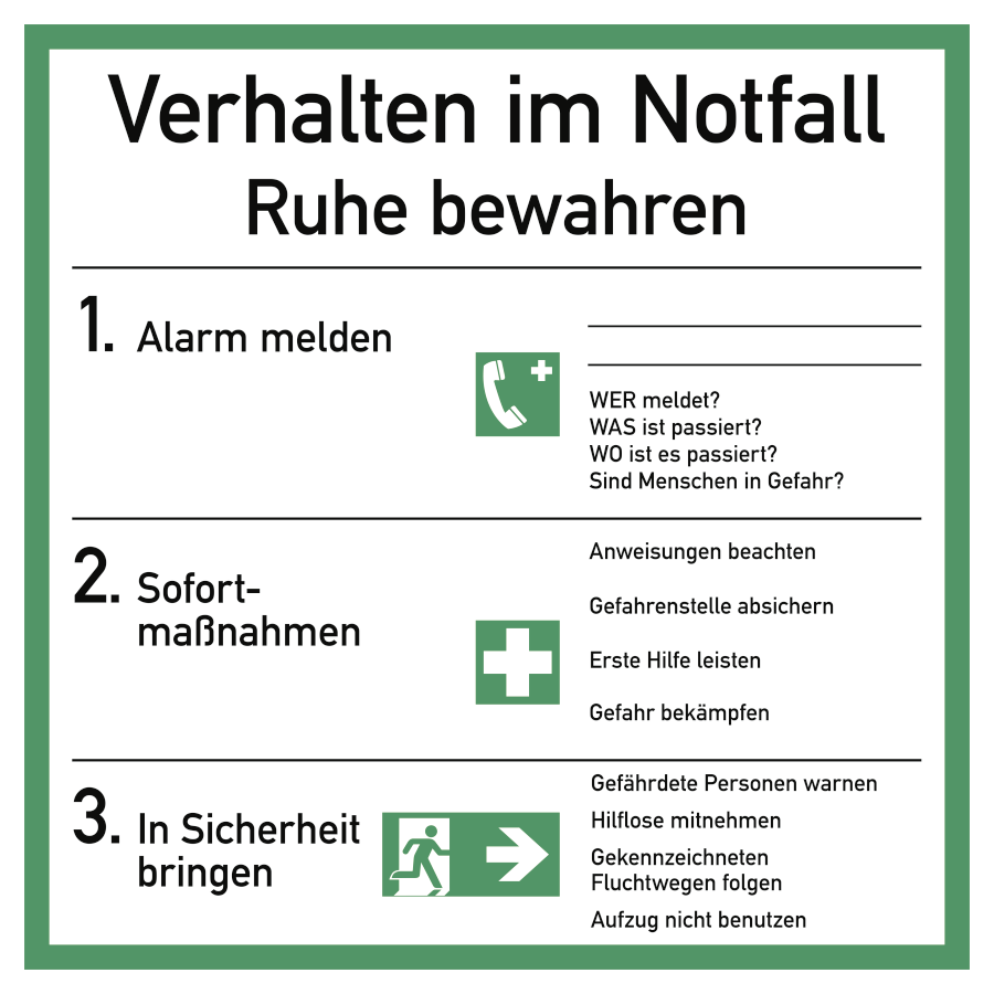 Verhalten im Notfall, Brandschutzzeichen, ISO 7010, 180x180 mm, Folie, Stück, nicht langnachleuchtend