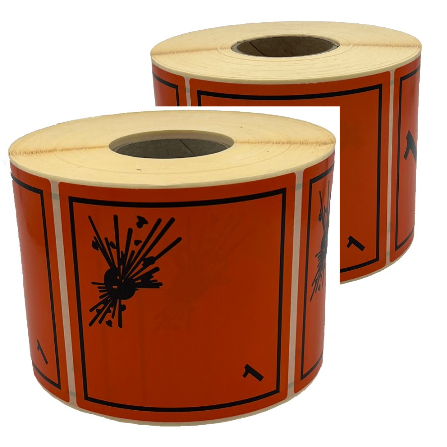 Gefahrgutaufkleber Klasse 1 auf Rolle, 10 x 10 cm – Unterklassen 1.1/1.2/1.3 und Unterklasse 1.4