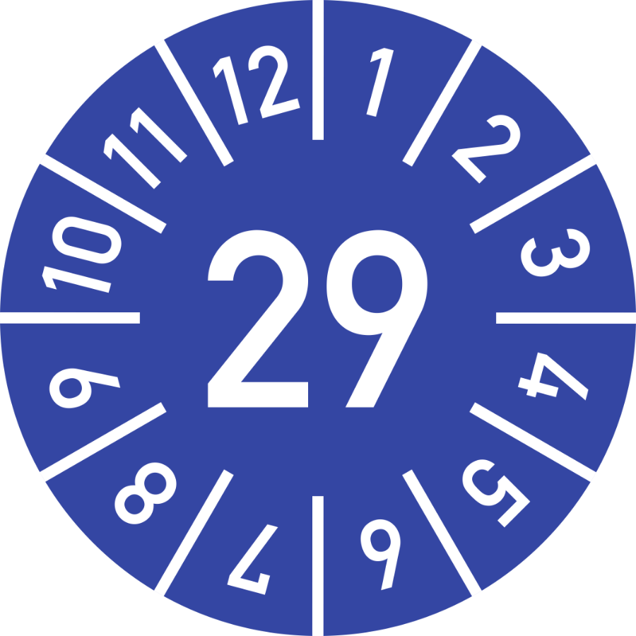 Prüfplakette Jahr 29 mit Monaten - blau, Ø 10 mm, Folie