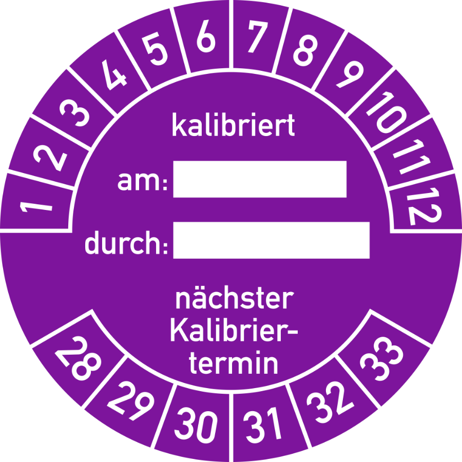 Prüfplakette Kalibriert am: durch: nächster Kalibriertermin 2028–2033, Folie, Ø 40 mm