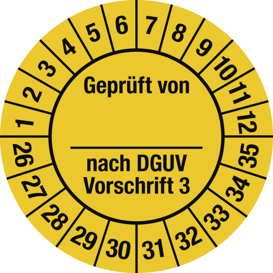 Prüfplakette Geprüft von nach DGUV Vorschrift 3, 2026-2035, Ø 25 mm, Folie