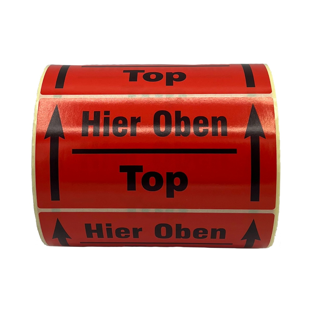 Aufkleber „Hier oben – Top“ mit Doppelpfeil, 14 x 7 cm, Haftpapier, 1.000 Stück pro Rolle