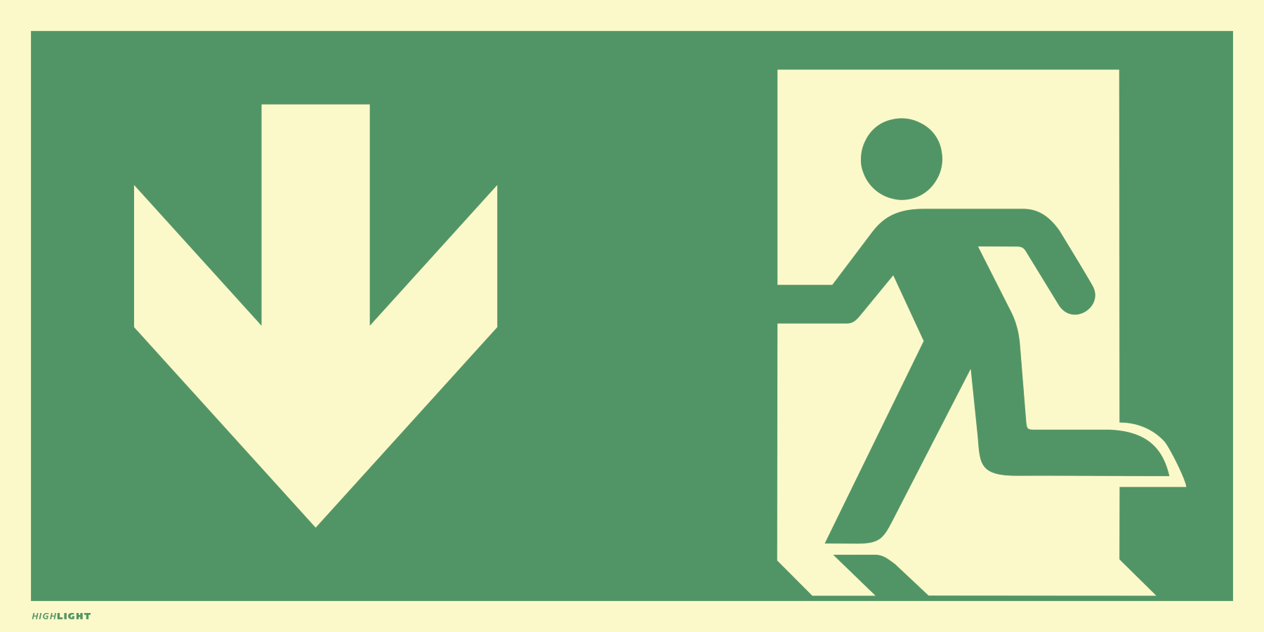 Notausgang (links) mit Richtungspfeil unten, Rettungszeichen, ISO 7010