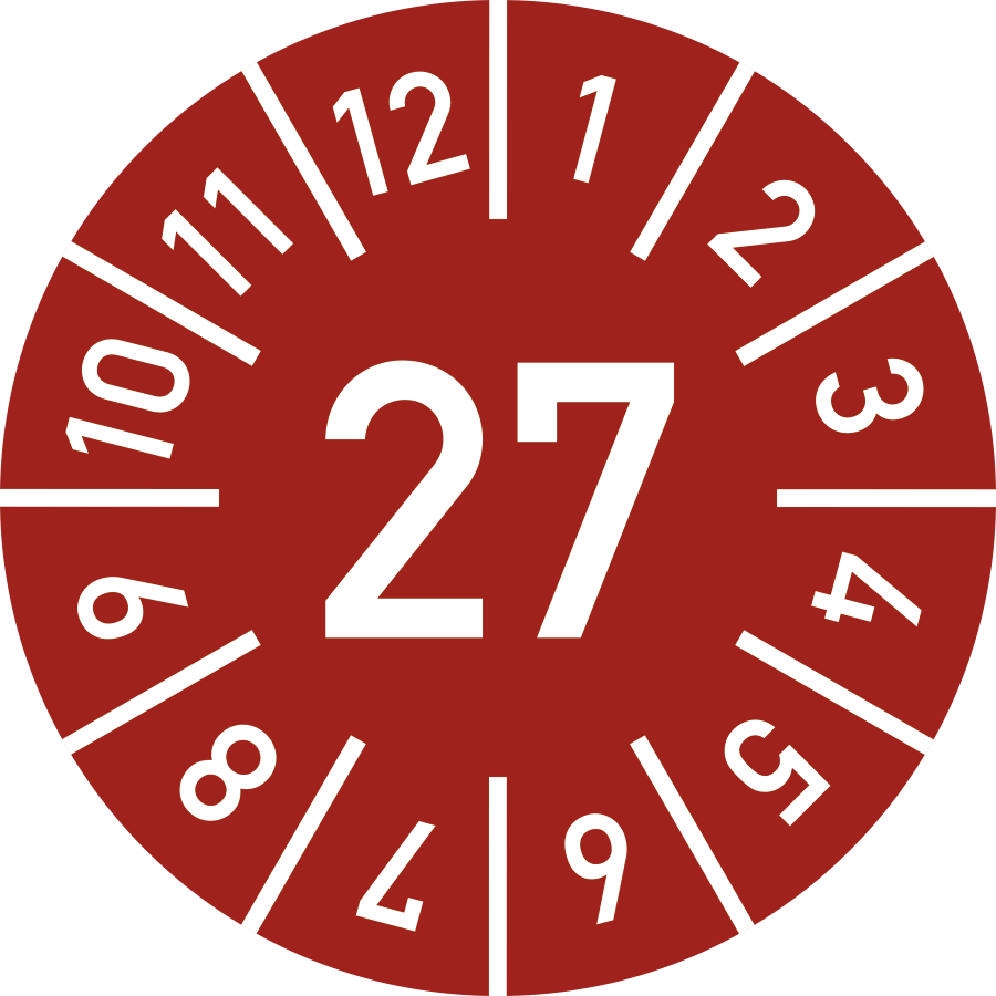 Prüfplakette Jahr 27 mit Monaten - rot, Ø 10 mm, Folie
