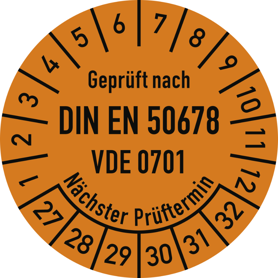 Prüfplakette Geprüft nach DIN EN 50678 VDE 0701 Nächster Prüftermin 2027–2032, Folie, Ø 30 mm