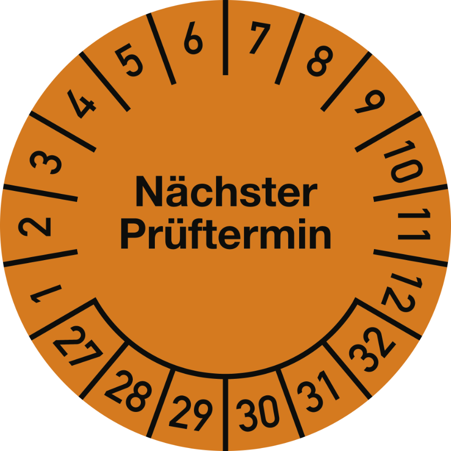 Prüfplakette Nächster Prüftermin 2027–2032, Jahresfarbe, Folie-Spezialkleber, Ø 30 mm, 10 Stück/Bogen